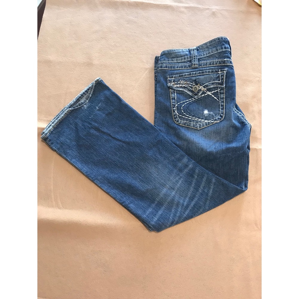Silver Jeans Pioneer Bootcut Distressed Medium Wash Denim Blue Jeans Womens 36